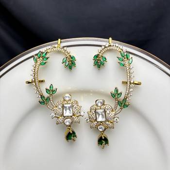 Kundan Green Stone Ear Cuff, Indian Bridal Jewelry, Gold Tone Ear Wrap 2