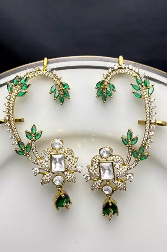 Kundan Green Stone Ear Cuff, Indian Bridal Jewelry, Gold Tone Ear Wrap