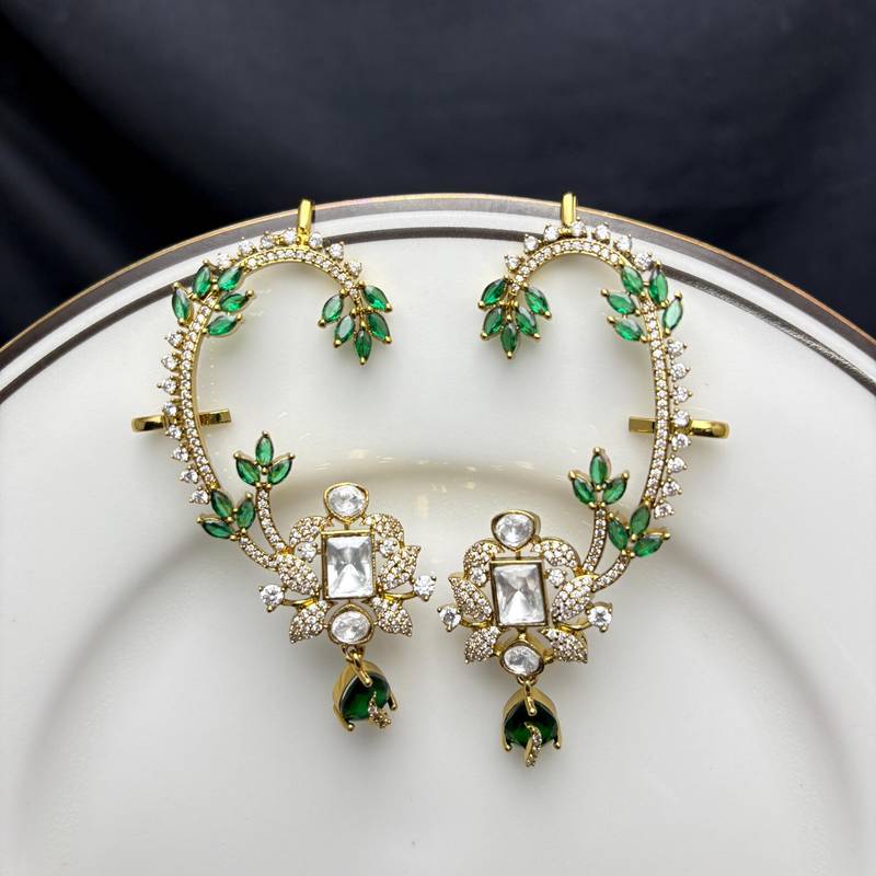 Kundan Green Stone Ear Cuff, Indian Bridal Jewelry, Gold Tone Ear Wrap