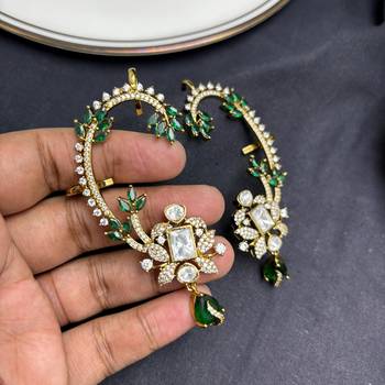 Kundan Green Stone Ear Cuff, Indian Bridal Jewelry, Gold Tone Ear Wrap 3
