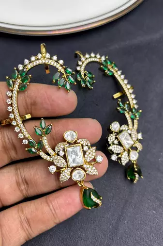 Kundan Green Stone Ear Cuff, Indian Bridal Jewelry, Gold Tone Ear Wrap