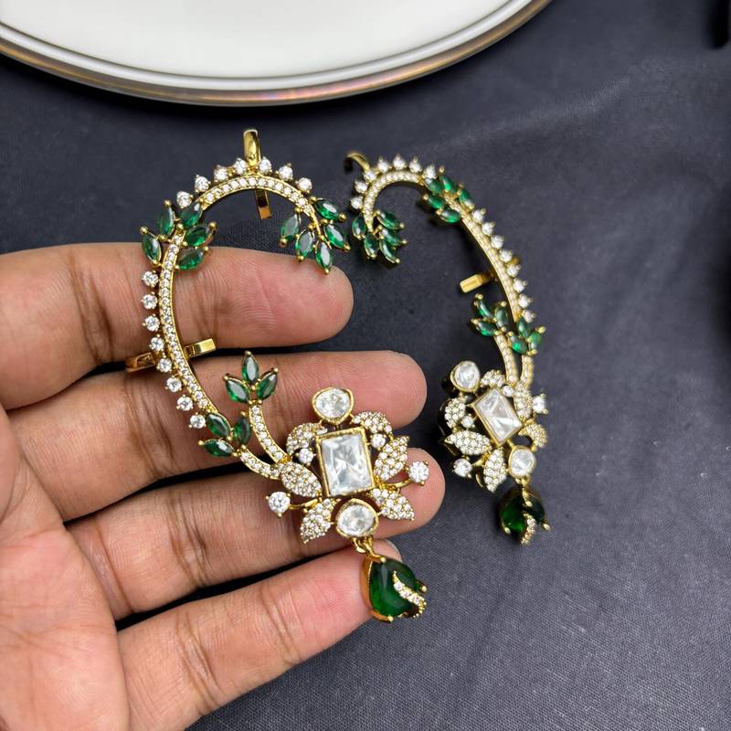 Kundan Green Stone Ear Cuff, Indian Bridal Jewelry, Gold Tone Ear Wrap