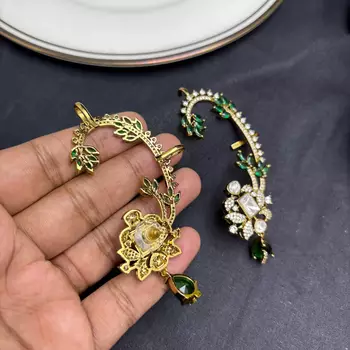 Kundan Green Stone Ear Cuff, Indian Bridal Jewelry, Gold Tone Ear Wrap 4