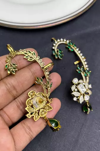Kundan Green Stone Ear Cuff, Indian Bridal Jewelry, Gold Tone Ear Wrap
