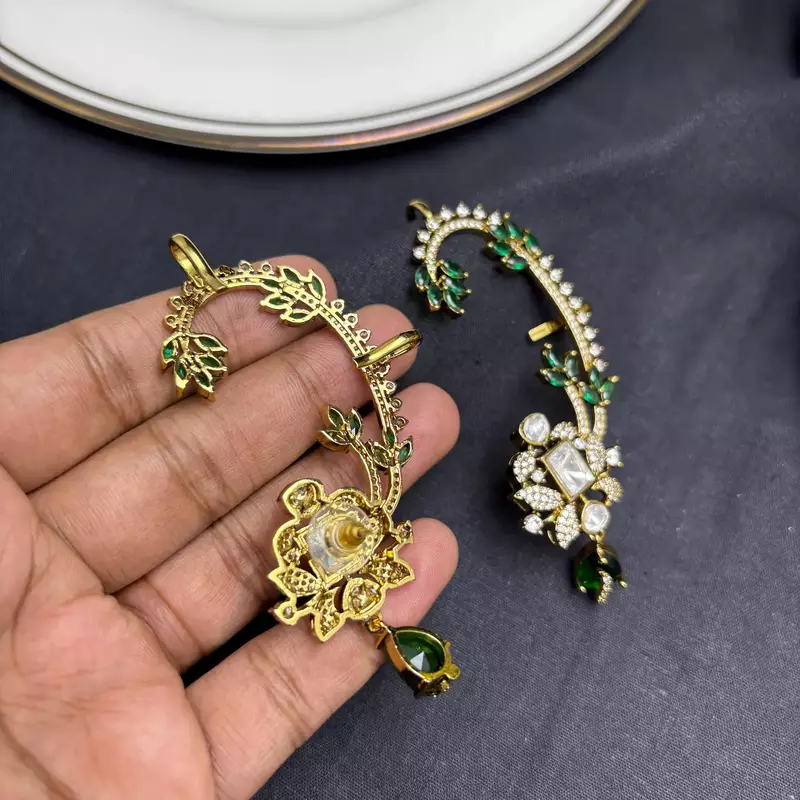 Kundan Green Stone Ear Cuff, Indian Bridal Jewelry, Gold Tone Ear Wrap