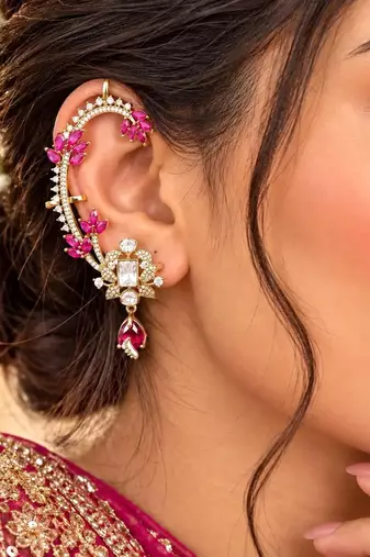 Kundan Green Stone Ear Cuff, Indian Bridal Jewelry, Gold Tone Ear Wrap