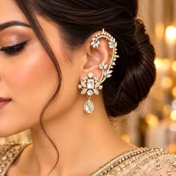 Kundan Stone Ear Cuff Earrings, Indian Bridal Jewelry, Floral Statement Design 1