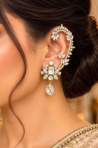Kundan Stone Ear Cuff Earrings, Indian Bridal Jewelry, Floral Statement Design