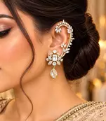 Kundan Stone Ear Cuff Earrings, Indian Bridal Jewelry, Floral Statement Design