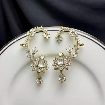 Kundan Stone Ear Cuff Earrings, Indian Bridal Jewelry, Floral Statement Design 2