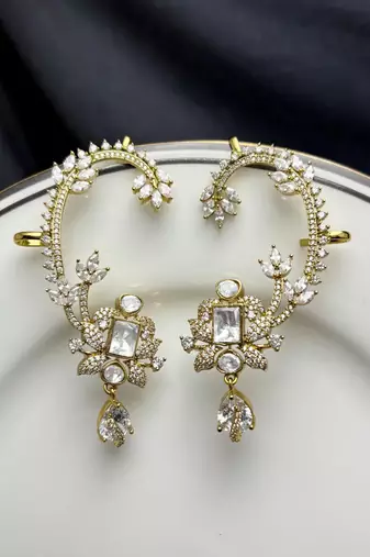 Kundan Stone Ear Cuff Earrings, Indian Bridal Jewelry, Floral Statement Design