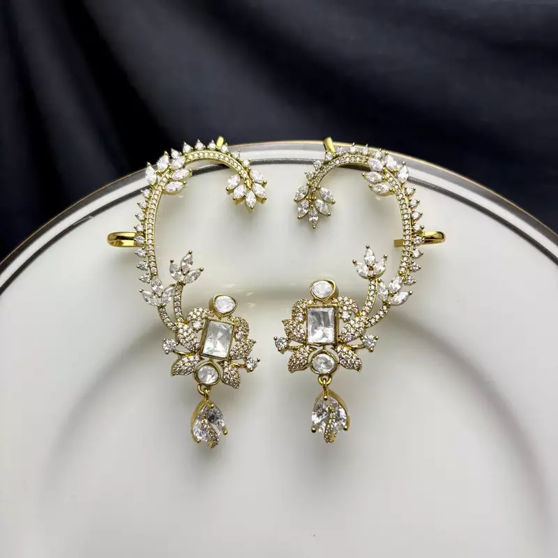 Kundan Stone Ear Cuff Earrings, Indian Bridal Jewelry, Floral Statement Design