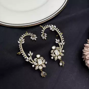 Kundan Stone Ear Cuff Earrings, Indian Bridal Jewelry, Floral Statement Design 3