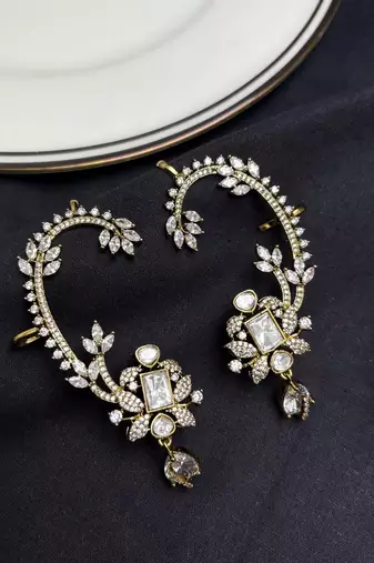 Kundan Stone Ear Cuff Earrings, Indian Bridal Jewelry, Floral Statement Design