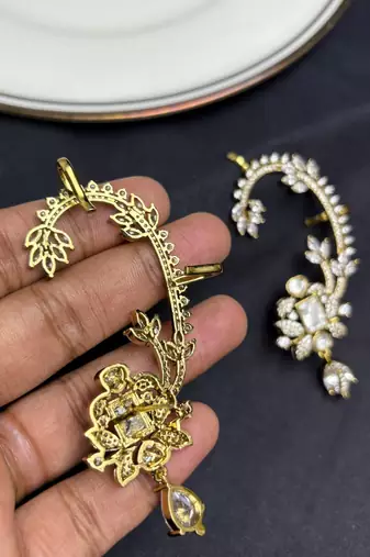 Kundan Stone Ear Cuff Earrings, Indian Bridal Jewelry, Floral Statement Design