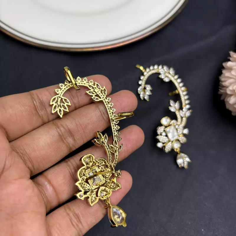 Kundan Stone Ear Cuff Earrings, Indian Bridal Jewelry, Floral Statement Design