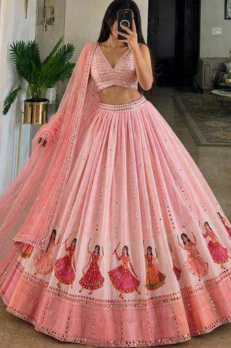 Georgette Fabric Printed With Real Mirror Work Lehenga Choli Set