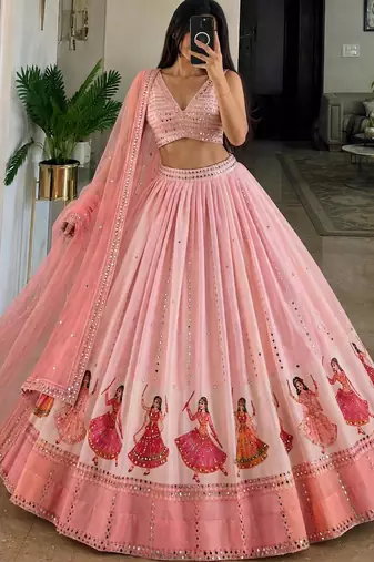 Georgette Fabric Printed With Real Mirror Work Lehenga Choli Set