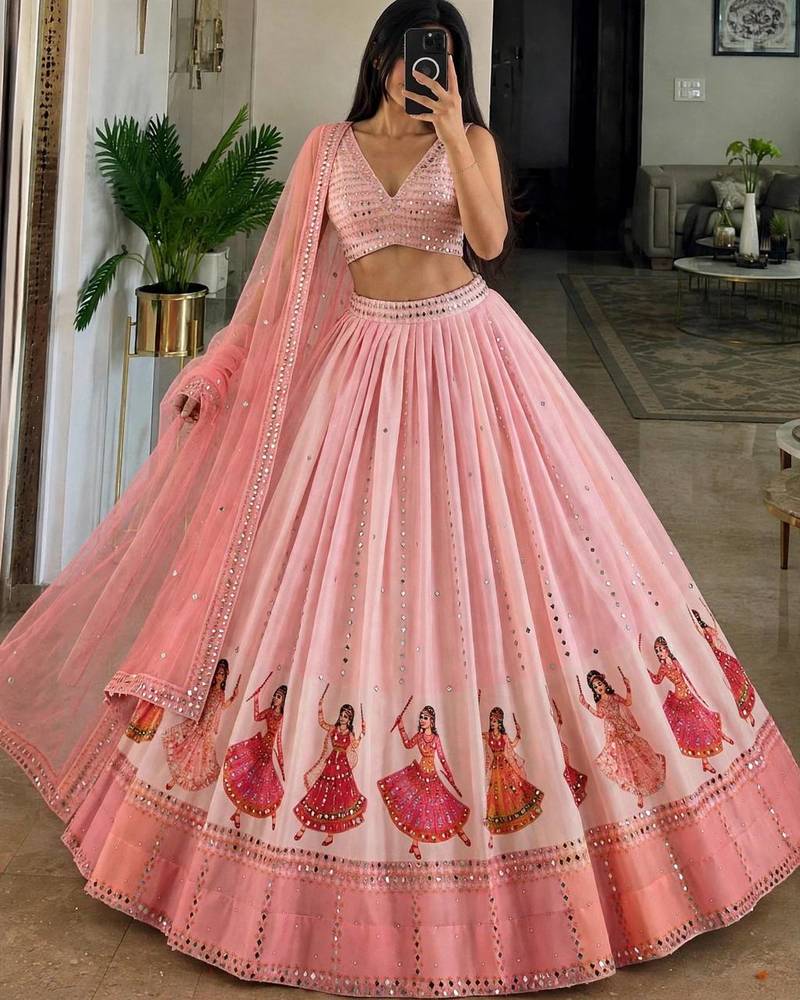Georgette Fabric Printed With Real Mirror Work Lehenga Choli Set