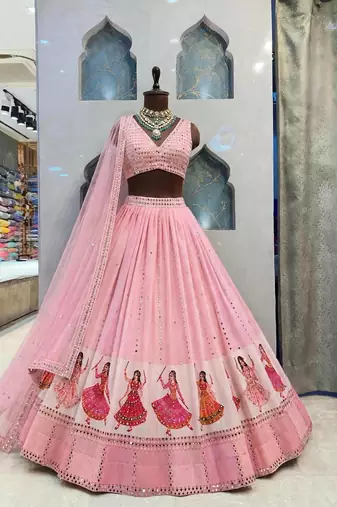 Georgette Fabric Printed With Real Mirror Work Lehenga Choli Set