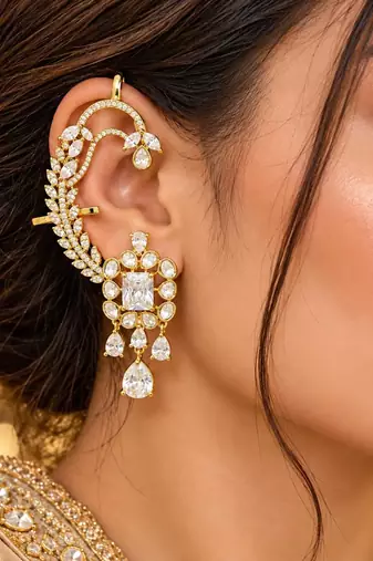 Kundan Stone Ear Cuff Earrings, Indian Bridal Jewelry, Floral Drop Design