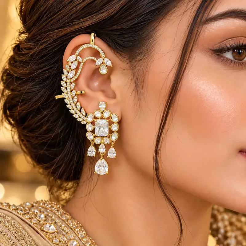 Kundan Stone Ear Cuff Earrings, Indian Bridal Jewelry, Floral Drop Design