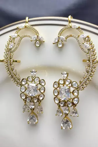 Kundan Stone Ear Cuff Earrings, Indian Bridal Jewelry, Floral Drop Design