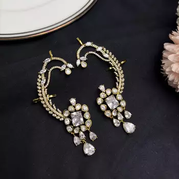 Kundan Stone Ear Cuff Earrings, Indian Bridal Jewelry, Floral Drop Design 3