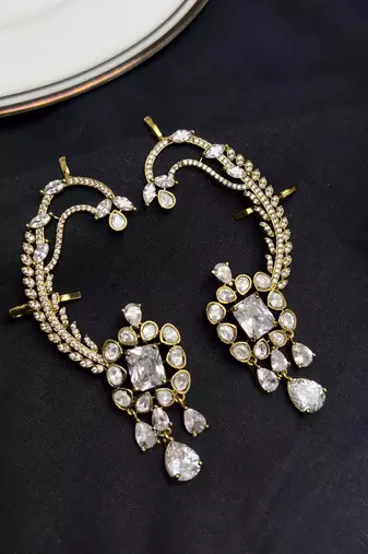 Kundan Stone Ear Cuff Earrings, Indian Bridal Jewelry, Floral Drop Design
