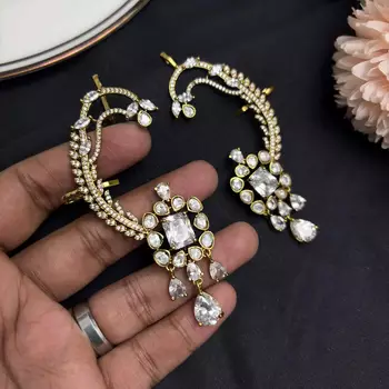 Kundan Stone Ear Cuff Earrings, Indian Bridal Jewelry, Floral Drop Design 4