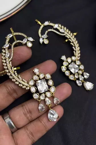 Kundan Stone Ear Cuff Earrings, Indian Bridal Jewelry, Floral Drop Design