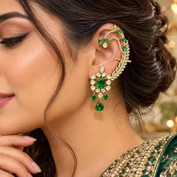 Kundan Green Stone Ear Cuff Earrings, Bridal Jhumka, Indian Wedding Jewelry 1