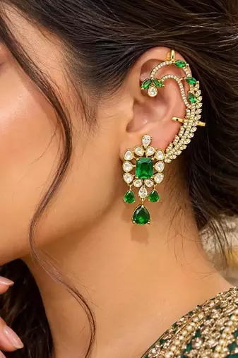 Kundan Green Stone Ear Cuff Earrings, Bridal Jhumka, Indian Wedding Jewelry