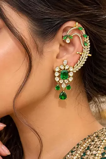 Kundan Green Stone Ear Cuff Earrings, Bridal Jhumka, Indian Wedding Jewelry