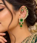 Kundan Green Stone Ear Cuff Earrings, Bridal Jhumka, Indian Wedding Jewelry