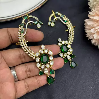 Kundan Green Stone Ear Cuff Earrings, Bridal Jhumka, Indian Wedding Jewelry 2