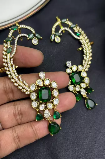 Kundan Green Stone Ear Cuff Earrings, Bridal Jhumka, Indian Wedding Jewelry