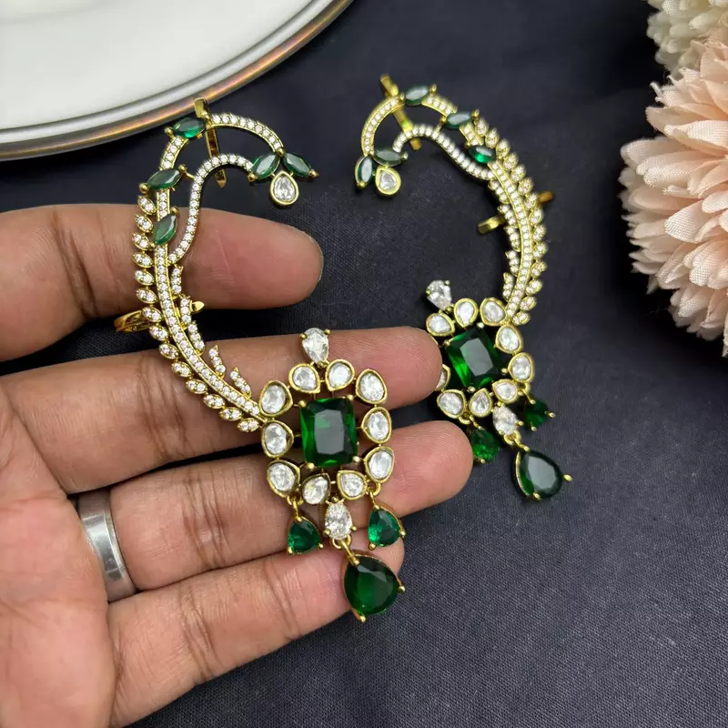 Kundan Green Stone Ear Cuff Earrings, Bridal Jhumka, Indian Wedding Jewelry