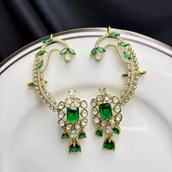 Kundan Green Stone Ear Cuff Earrings, Bridal Jhumka, Indian Wedding Jewelry 3