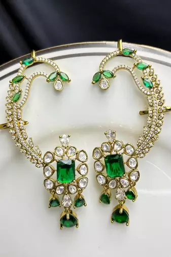 Kundan Green Stone Ear Cuff Earrings, Bridal Jhumka, Indian Wedding Jewelry