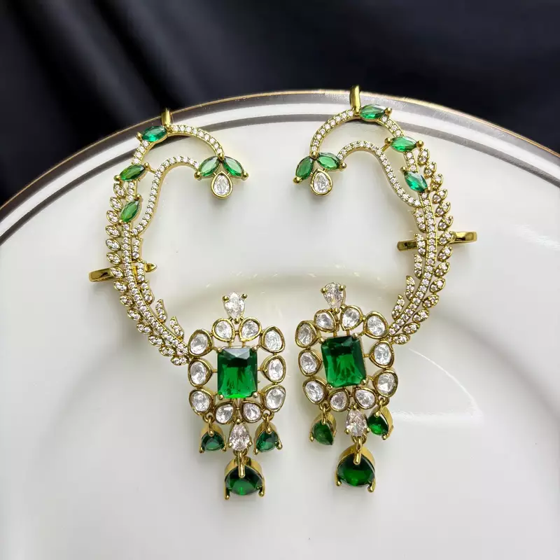 Kundan Green Stone Ear Cuff Earrings, Bridal Jhumka, Indian Wedding Jewelry