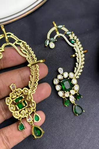 Kundan Green Stone Ear Cuff Earrings, Bridal Jhumka, Indian Wedding Jewelry
