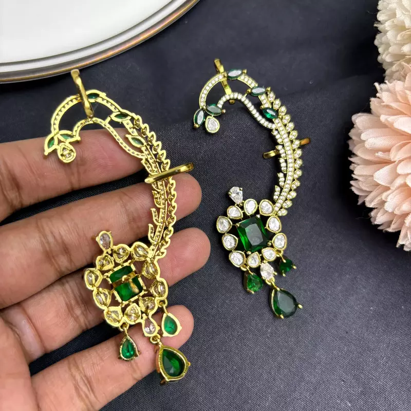 Kundan Green Stone Ear Cuff Earrings, Bridal Jhumka, Indian Wedding Jewelry