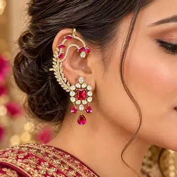 Kundan Red Stone Ear Cuff Earrings, Gold Plated Jhumka, Indian Bridal Jewelry 1