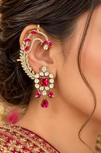 Kundan Red Stone Ear Cuff Earrings, Gold Plated Jhumka, Indian Bridal Jewelry