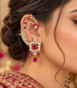 Kundan Red Stone Ear Cuff Earrings, Gold Plated Jhumka, Indian Bridal Jewelry