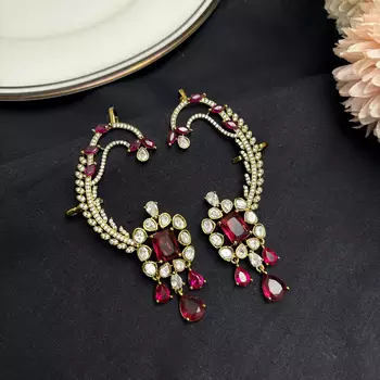Kundan Red Stone Ear Cuff Earrings, Gold Plated Jhumka, Indian Bridal Jewelry 2