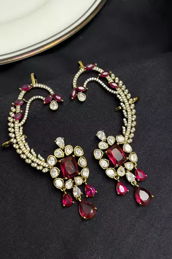 Kundan Red Stone Ear Cuff Earrings, Gold Plated Jhumka, Indian Bridal Jewelry