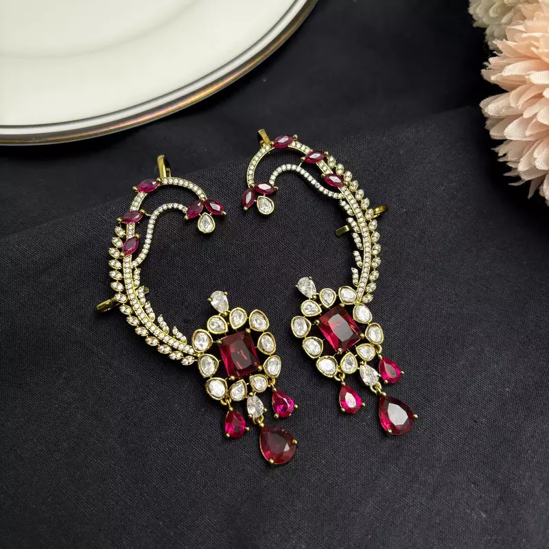 Kundan Red Stone Ear Cuff Earrings, Gold Plated Jhumka, Indian Bridal Jewelry