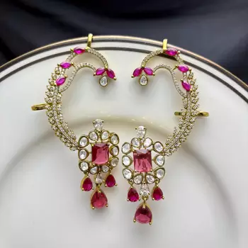 Kundan Red Stone Ear Cuff Earrings, Gold Plated Jhumka, Indian Bridal Jewelry 3